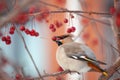 Bohemian waxwing winter passerine bird feeding on berries