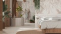 Bohemian wooden bedroom and bathroom in boho style in white and beige tones. Bed, bathtub and jute carpet, potted plants. Window Royalty Free Stock Photo