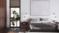 Bohemian wooden bedroom in white and dark tones, close up. Double bed, pine bonsai, parquet floor and window. Japandi interior