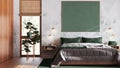 Bohemian wooden bedroom in white and green tones, close up. Double bed, pine bonsai, parquet floor and wallpaper. Japandi interior Royalty Free Stock Photo