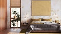 Bohemian wooden bedroom in white and yellow tones, close up. Double bed, pine bonsai, parquet floor and wallpaper. Japandi