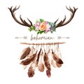 Bohemian wreath design with antler, flower watercolor illustration