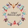 Bohemian wreath design with cow skull, feather, arrow watercolor illustration