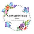 Bohemian wreath design with flower, crystal watercolor illustration