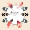 Bohemian wreath design with various feathers watercolor illustration