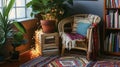 A bohemianinspired reading nook with a rattan chair a colorful kilim rug and a stack of books on a wooden crate side