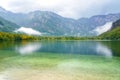 Bohinj lake, Triglav national park, autumn landscape, Slovenia. Scenic view of the water, mountains and forest, travel background Royalty Free Stock Photo