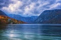 Bohinj lake in Triglav national park, Slovenia. Autumn landscape, travel landmark Royalty Free Stock Photo