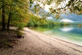 Bohinj lake, Triglav national park, autumn landscape, Slovenia. Scenic view of the water, mountains and forest, travel background Royalty Free Stock Photo