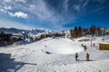 Bohinj, Slovenia - Vogel ski resort in Bohinj in Julian Alps on a sunny winter day with ski slopes, skiers, snowboarders Royalty Free Stock Photo