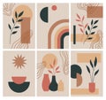 Boho abstract cards. Modern simple shapes compositions, contemporary flat design, botanical and geometric minimalist elements.