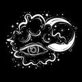 Boho abstract illustration with eye, clouds and moon. Decorative drawing in flash tattoo style