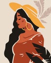 Boho African summer black woman elegant silhouette on vintage tropical background poster vector flat illustration