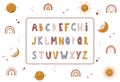 Boho alphabet with celestial elements. Cute letters and numbers for banners, nursery design, postcards. Clipart isolated