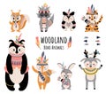 Boho animals. Cute cartoon woodland raccoon fox bear rabbit fox and other forest animals. Vector funny characters for