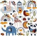 Boho animals, moon, rainbow, flowers. Collection of mystical elements for your design. Modern children's