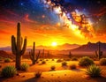 Boho art of a desert with cacti on a dark, starry night. Generated image Royalty Free Stock Photo