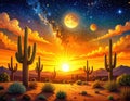 Boho art of a desert with cacti on a dark, starry night. Generated image Royalty Free Stock Photo