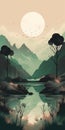 Boho Art: Swamp Minimalist Mountain Landscape