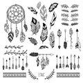 Boho art. Tribal arrow feather, bohemian floral border and hippie fashion frame vector elements set Royalty Free Stock Photo