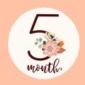 Boho baby first year Milestone cards with flowers. Today I am five month old. Flat vector digit 5 with a botanical Royalty Free Stock Photo