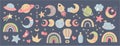 Boho baby nursery decoration with cute rainbow, moon, clouds and planets Royalty Free Stock Photo