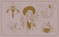 Boho banner about female magic, Portrait of modern witch, woman with magical symbols, uterus, crystal, magic whale