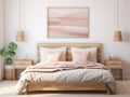 Boho bedroom interior in neutral beige tones. Wooden double bed with pillows. Abstract brown wall art in frame on a white wall