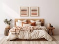 Boho bedroom interior in neutral beige tones. Wooden double bed with pillows. Abstract terracotta wall art set of 2 prints on a