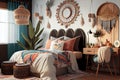 boho bedroom, with whimsical decor and vintage elements