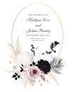 Boho beige and black trendy vector design frame. Pastel pampas grass, ivory peony, dark dahlia