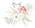 Boho beige and blush pink trendy vector design bouquet. Pastel dried pampas grass, ivory peony, fern, dusty pink rose