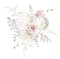 Boho beige and blush trendy vector design bouquet. Pastel pampas grass, ivory peony, creamy magnolia