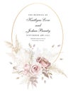 Boho beige and blush trendy vector design frame. Pastel pampas grass, ivory peony, creamy magnolia