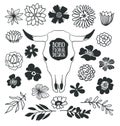 Boho black decorative plants and flowers collection with cow skull.