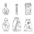 Boho bottles black and white doodles set. Vector image