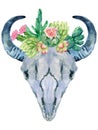 Boho Bull Buffalo horns floral succulents and cactus collection with isolated pink leaves and hand drawn watercolor design