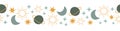 Boho celestial seamless border with stars, planet, moon and sun. Blue and yellow colors universe design Royalty Free Stock Photo