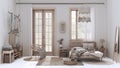 Boho chic farmhouse bedroom with rattan bed and furniture. Jute carpet and decors in white and bleached wood tones. Floral