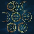 Boho chic flash tattoo design hand drawn art gold sun and crescent moon set. Antique style design vector illustration Royalty Free Stock Photo