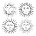 Boho chic flash tattoo design hand drawn art sun and crescent moon set. Royalty Free Stock Photo