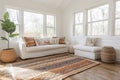 Boho chic interior with vibrant ethnic rug collection Royalty Free Stock Photo