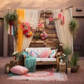 Boho Chic Photobooth: Whimsical Outdoor Setup with Colorful Fabrics and Dreamcatchers