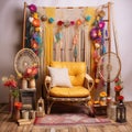Boho Chic Photobooth: Whimsical Outdoor Setup with Colorful Fabrics and Dreamcatchers