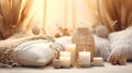 Boho Christmas background. Decor using macrame and rattan decorations technique, natural colors. Copy space Royalty Free Stock Photo