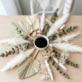 Boho Coffee Moment: Flat Lay with Dried Pampas Grass and Eucalyptus Royalty Free Stock Photo