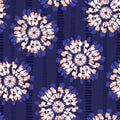Boho Coral Tie-Dye Shibori Mirrored Sunburst Flowers on Indigo Striped Background Vector Seamless Pattern