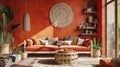Boho cozy living room design, bright wall mockup. Generative Ai Royalty Free Stock Photo