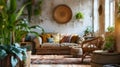 Boho cozy living room design, bright wall mockup. Generative Ai Royalty Free Stock Photo
