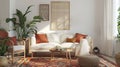 Boho cozy living room design, bright wall mockup . Generative Ai Royalty Free Stock Photo